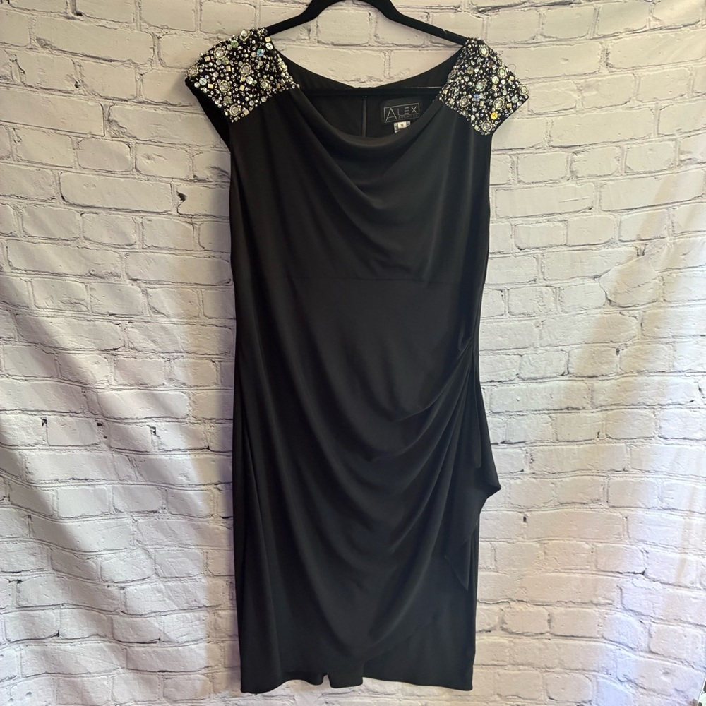 Alex Evenings Women’s Black Faux Wrap Dress Jewel Embellished Shoulder Size 16